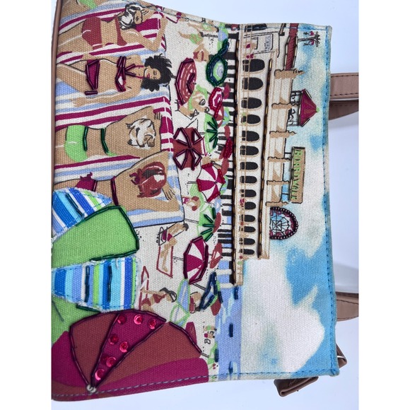 Frank & Johnnie Beaded Embroidered Beach Scene Canvas Shoulder Bag Multicolor - Picture 3 of 4